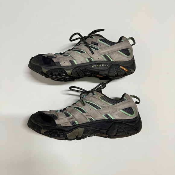 Merrell - Women's Moab 2 Waterproof Lace Up Hiking Shoe in Gray & Mint Green - Picture 4 of 9
